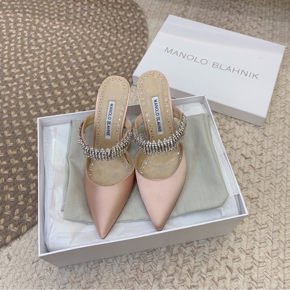 Manolo Blahnik Shoes - Manolo Blahnik Blush Pink Satin Pointed Crystal-Embellished Mule